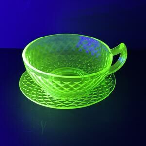 VTG Imperial Diamond Quilted Green Uranium Glass One Handled Jam Jelly Bowl Dish